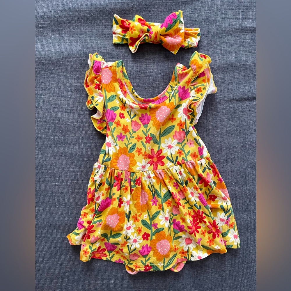 Little Sleepies Sunny Gardens Twirl Dress with Bodysuit and Bow